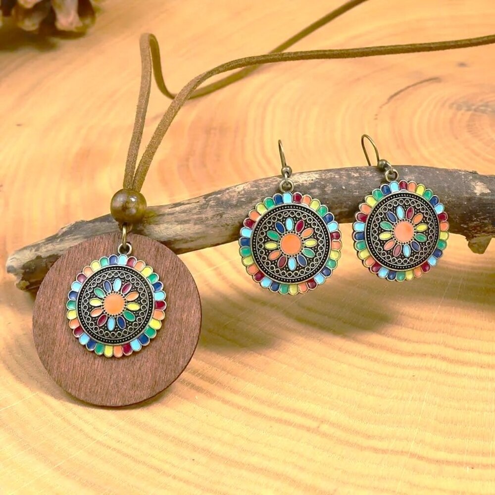 Necklace & Earrings 3pc Set Enamel Wood Leather Dangle Boho Chara Yoga Namaste